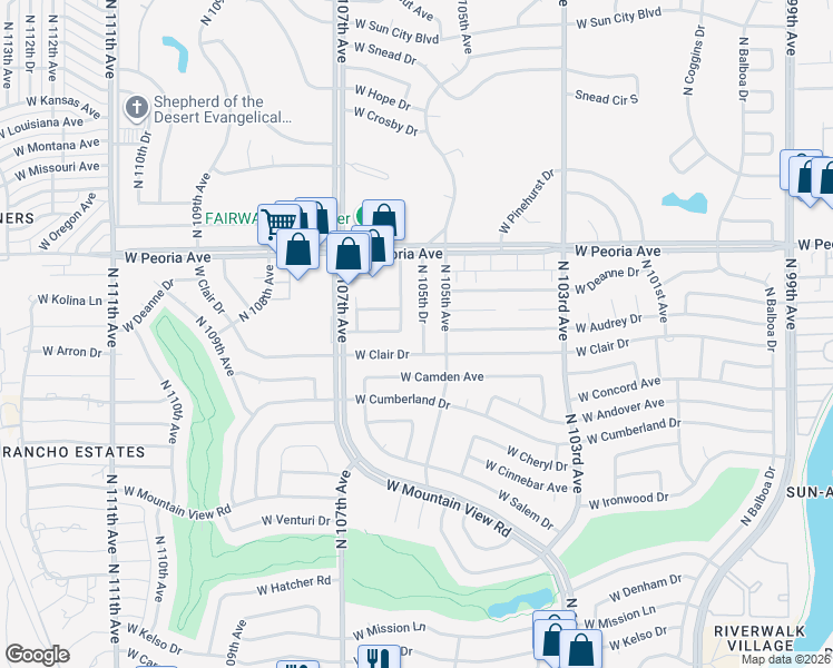 map of restaurants, bars, coffee shops, grocery stores, and more near 10216 North 105th Drive in Sun City