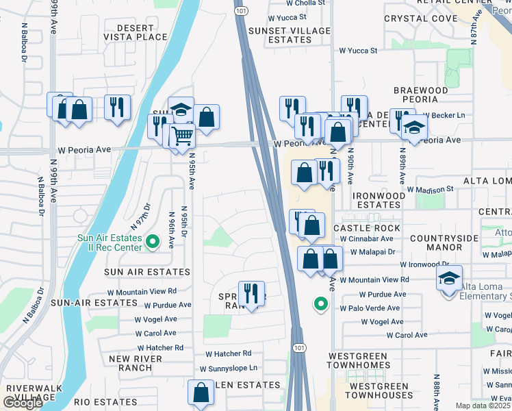 map of restaurants, bars, coffee shops, grocery stores, and more near 9246 West Monroe Street in Peoria