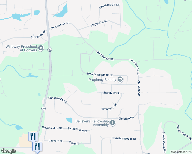 map of restaurants, bars, coffee shops, grocery stores, and more near 1927 Brandy Woods Drive Southeast in Conyers