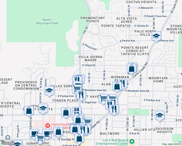 map of restaurants, bars, coffee shops, grocery stores, and more near 10015 North 7th Place in Phoenix