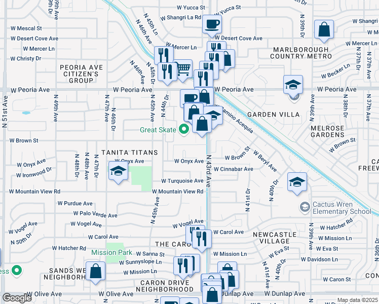 map of restaurants, bars, coffee shops, grocery stores, and more near 10030 North 43rd Avenue in Glendale