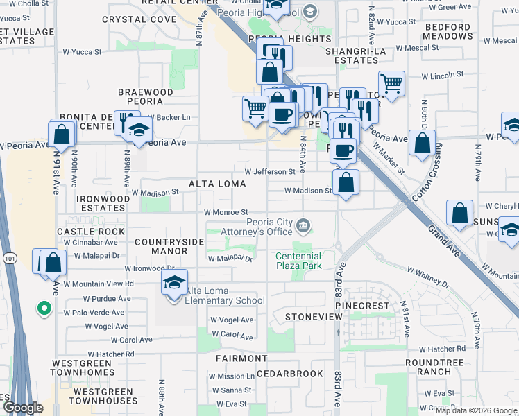 map of restaurants, bars, coffee shops, grocery stores, and more near 10201-10239 North 85th Avenue in Peoria