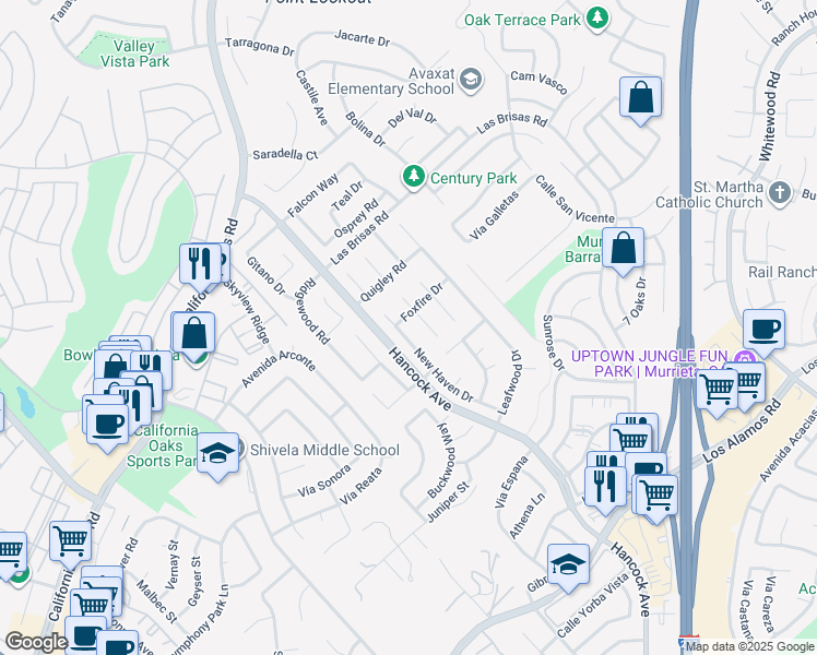 map of restaurants, bars, coffee shops, grocery stores, and more near 24474 New Haven Drive in Murrieta