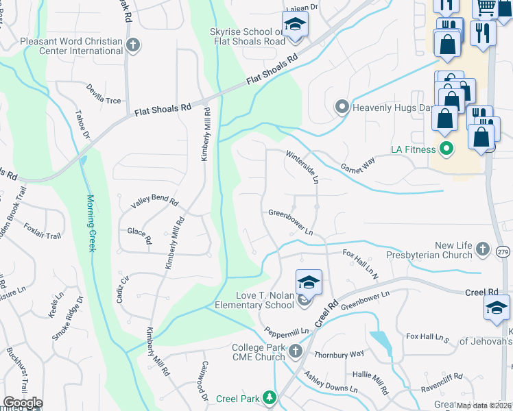 map of restaurants, bars, coffee shops, grocery stores, and more near 6505 Peppermill Lane in Atlanta