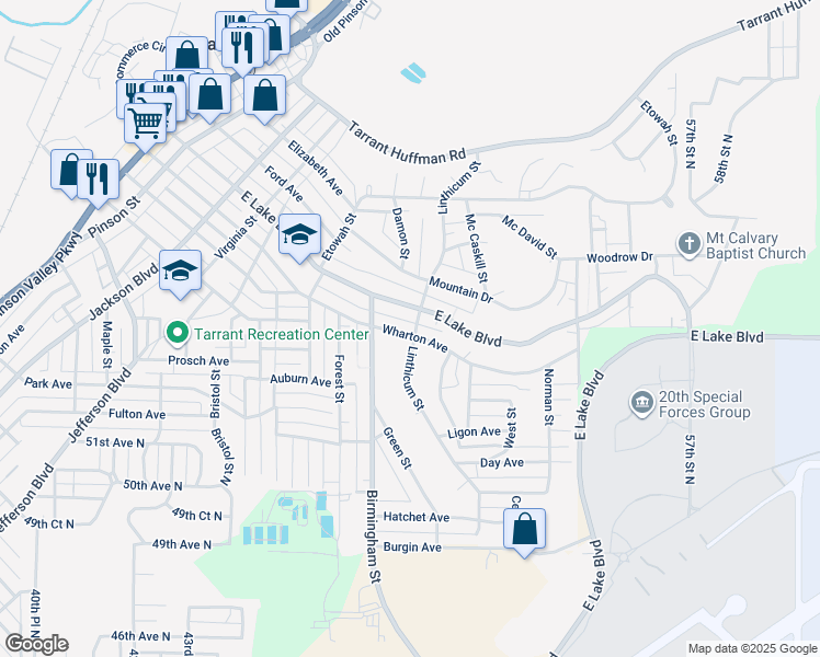 map of restaurants, bars, coffee shops, grocery stores, and more near 1708 Wharton Avenue in Birmingham