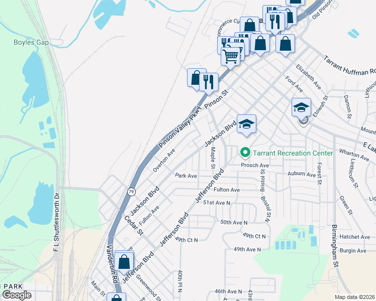 map of restaurants, bars, coffee shops, grocery stores, and more near 1046 Jackson Boulevard in Birmingham