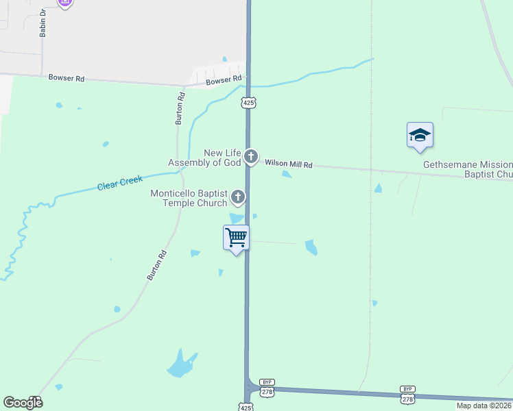 map of restaurants, bars, coffee shops, grocery stores, and more near 1686 U.S. 425 in Monticello