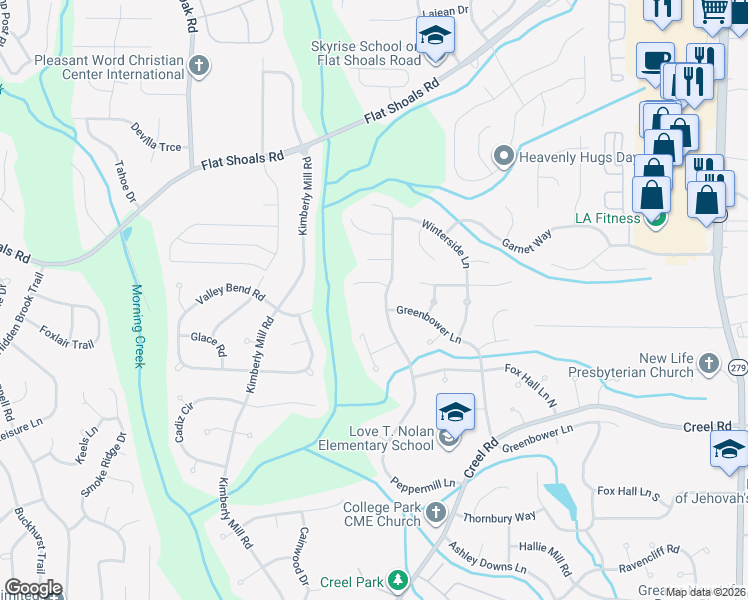 map of restaurants, bars, coffee shops, grocery stores, and more near 6505 Peppermill Lane in Atlanta