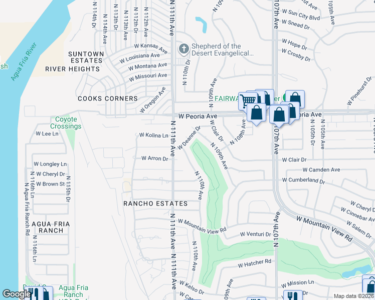 map of restaurants, bars, coffee shops, grocery stores, and more near 10237 North 110th Avenue in Sun City