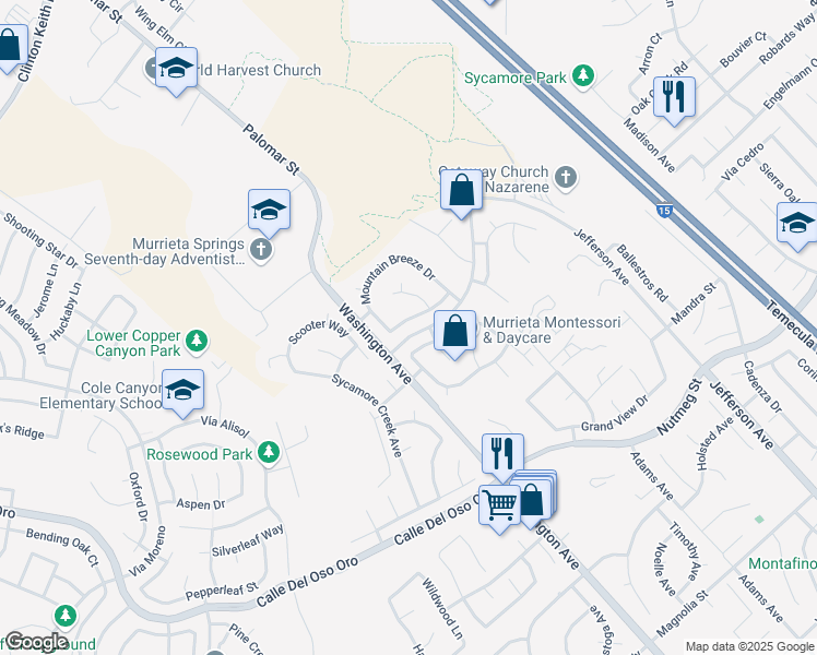 map of restaurants, bars, coffee shops, grocery stores, and more near 41980 Trinity River Way in Murrieta
