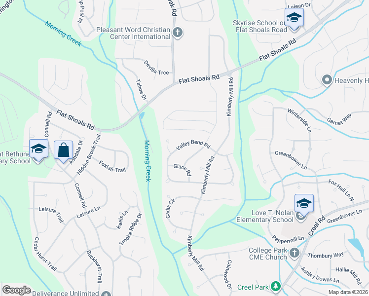 map of restaurants, bars, coffee shops, grocery stores, and more near 3345 Valley Bend Road in College Park