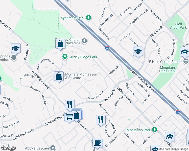 map of restaurants, bars, coffee shops, grocery stores, and more near 23738 Adams Avenue in Murrieta