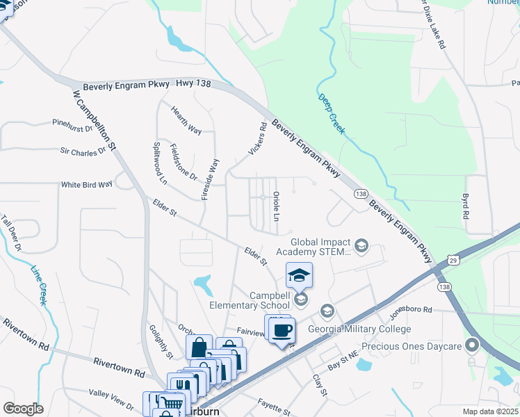 map of restaurants, bars, coffee shops, grocery stores, and more near 3060 Raven Trace in Fairburn