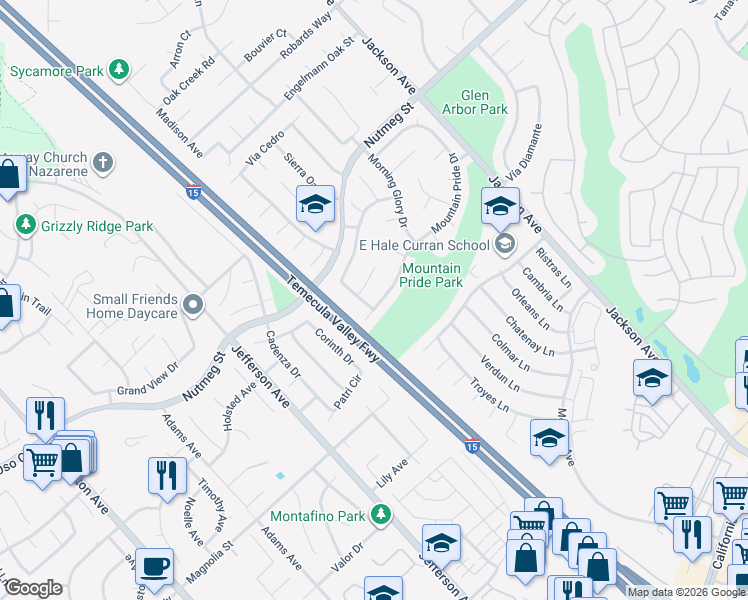 map of restaurants, bars, coffee shops, grocery stores, and more near 41175 Mountain Pride Drive in Murrieta