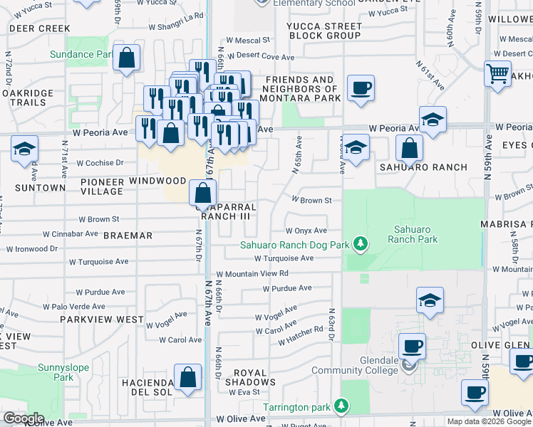 map of restaurants, bars, coffee shops, grocery stores, and more near 6518 West Cinnabar Avenue in Glendale