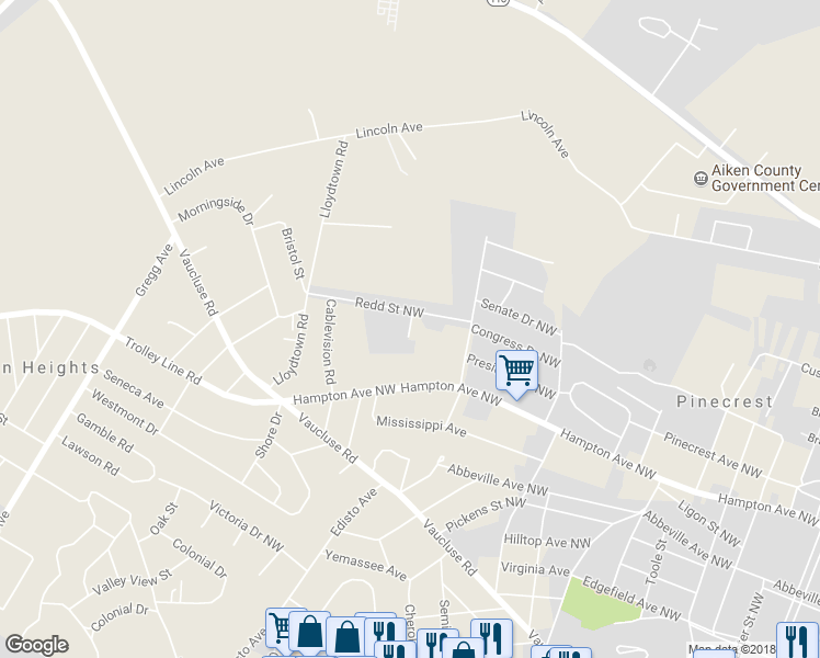 map of restaurants, bars, coffee shops, grocery stores, and more near 104 Redd Circle in Aiken