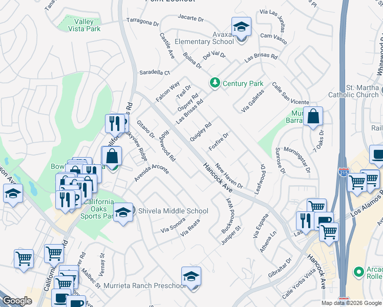 map of restaurants, bars, coffee shops, grocery stores, and more near 24468 Westhaven Court in Murrieta