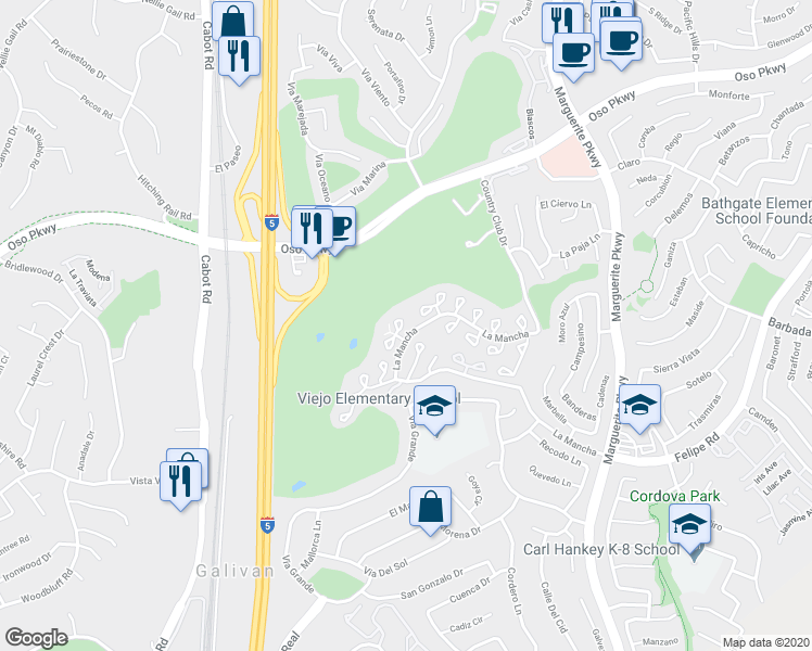 map of restaurants, bars, coffee shops, grocery stores, and more near 26522 Lucinda in Mission Viejo