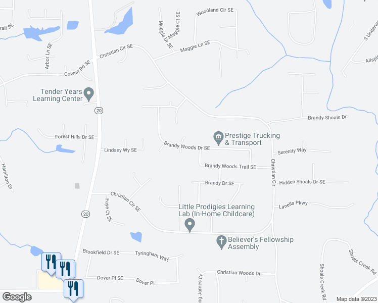 map of restaurants, bars, coffee shops, grocery stores, and more near 1907 Brandy Woods Drive Southeast in Conyers