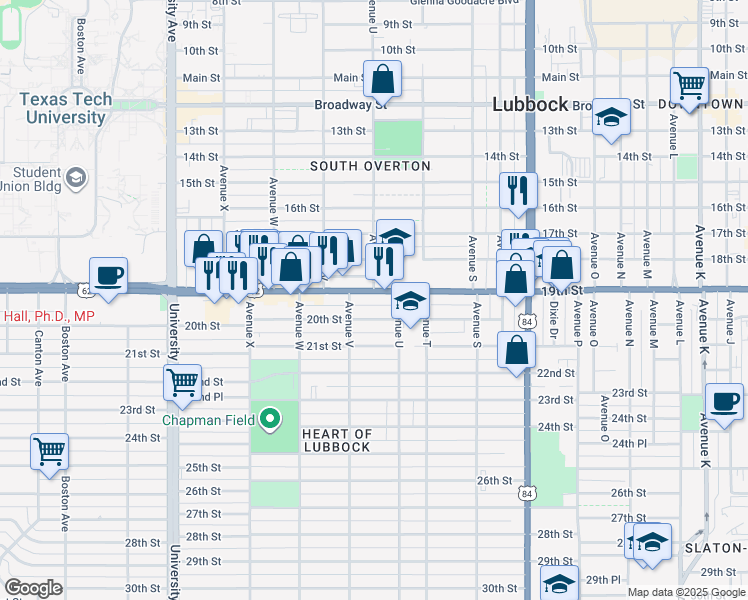 map of restaurants, bars, coffee shops, grocery stores, and more near 2125 19th Street in Lubbock