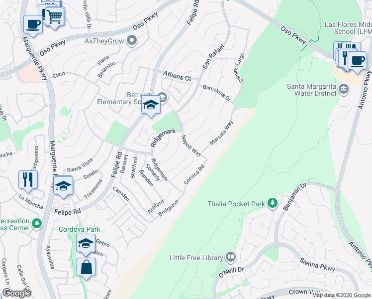 map of restaurants, bars, coffee shops, grocery stores, and more near 26531 Domingo Drive in Mission Viejo