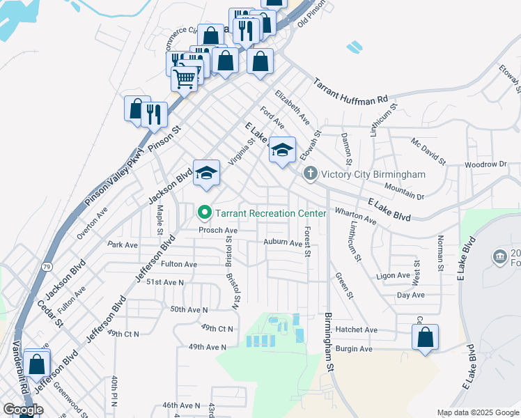 map of restaurants, bars, coffee shops, grocery stores, and more near 1241 Waverly Street in Birmingham