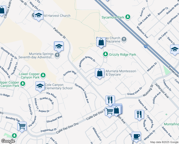 map of restaurants, bars, coffee shops, grocery stores, and more near 41980 Trinity River Way in Murrieta