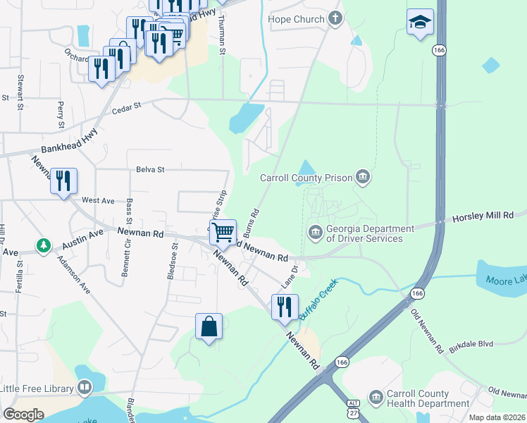 map of restaurants, bars, coffee shops, grocery stores, and more near 738 Burns Road in Carrollton