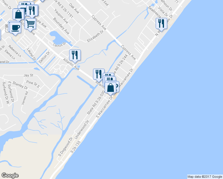 map of restaurants, bars, coffee shops, grocery stores, and more near 108 Atlantic Avenue in Murrells Inlet