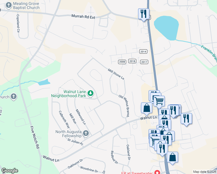 map of restaurants, bars, coffee shops, grocery stores, and more near 375 Old Walnut Branch in North Augusta