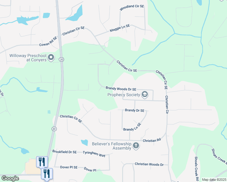 map of restaurants, bars, coffee shops, grocery stores, and more near 1927 Brandy Woods Dr SE in Conyers