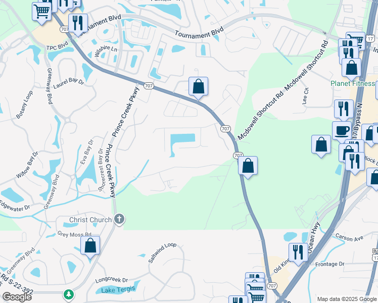 map of restaurants, bars, coffee shops, grocery stores, and more near 1135 Lampwick Lane in Murrells Inlet