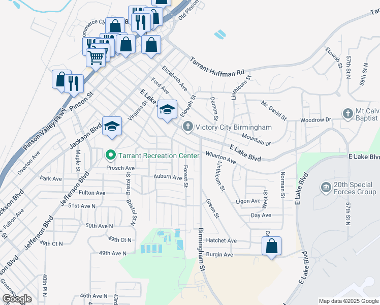 map of restaurants, bars, coffee shops, grocery stores, and more near 1249 Forest Street in Birmingham
