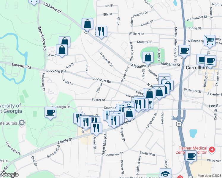 map of restaurants, bars, coffee shops, grocery stores, and more near 312 Broad Street in Carrollton