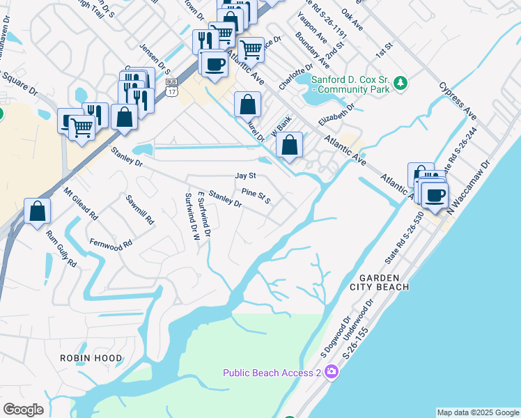 map of restaurants, bars, coffee shops, grocery stores, and more near 316 Stanley Drive in Murrells Inlet