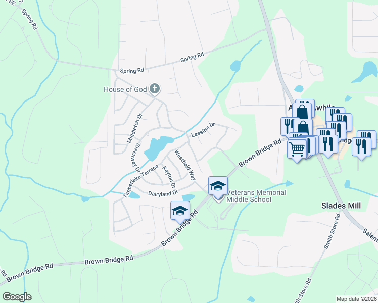 map of restaurants, bars, coffee shops, grocery stores, and more near 315 Spring Lake Terrace in Covington