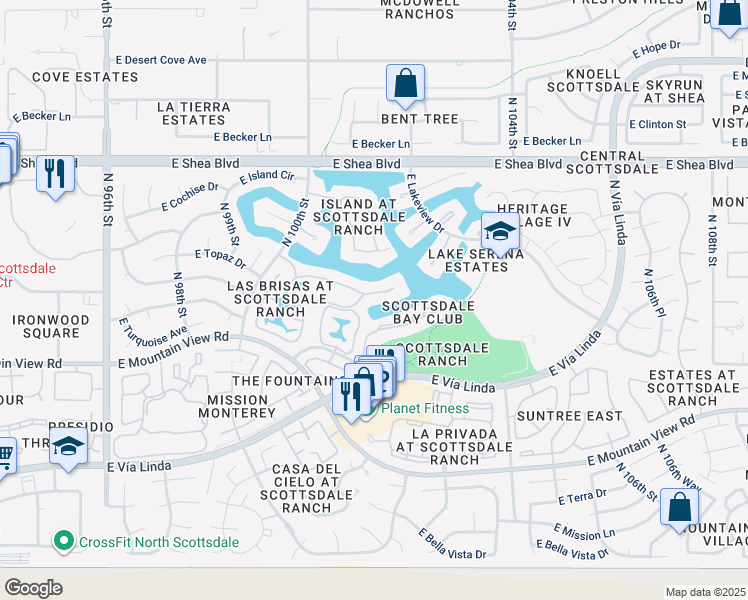 map of restaurants, bars, coffee shops, grocery stores, and more near 10143 East Topaz Drive in Scottsdale