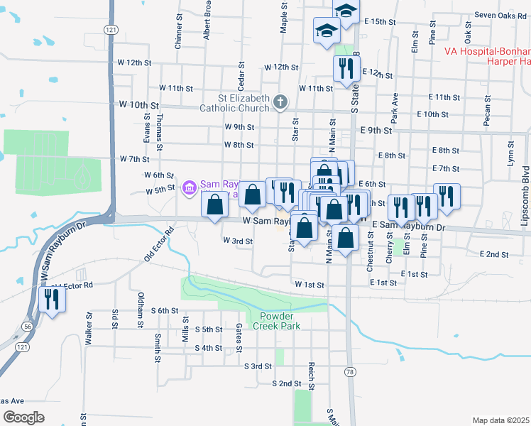 map of restaurants, bars, coffee shops, grocery stores, and more near 410 West Sam Rayburn Drive in Bonham