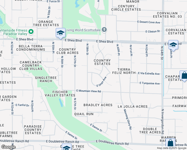 map of restaurants, bars, coffee shops, grocery stores, and more near 5802 East Onyx Avenue in Paradise Valley