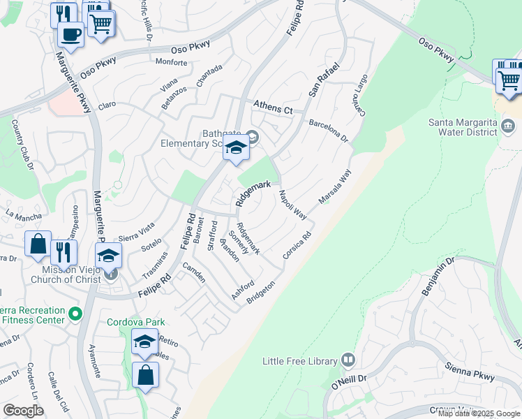 map of restaurants, bars, coffee shops, grocery stores, and more near 26512 Mikanos Drive in Mission Viejo