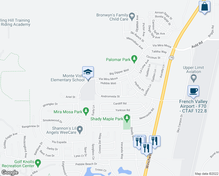 map of restaurants, bars, coffee shops, grocery stores, and more near 29568 Hyperion Street in Murrieta