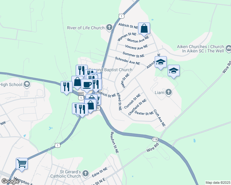 map of restaurants, bars, coffee shops, grocery stores, and more near 1107 Aldrich Street Northeast in Aiken