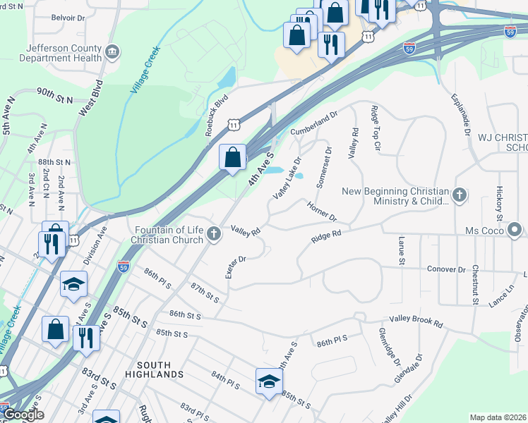 map of restaurants, bars, coffee shops, grocery stores, and more near 449 Valley Lake Drive in Birmingham