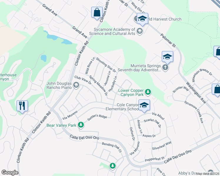 map of restaurants, bars, coffee shops, grocery stores, and more near 37381 Huckaby Lane in Murrieta