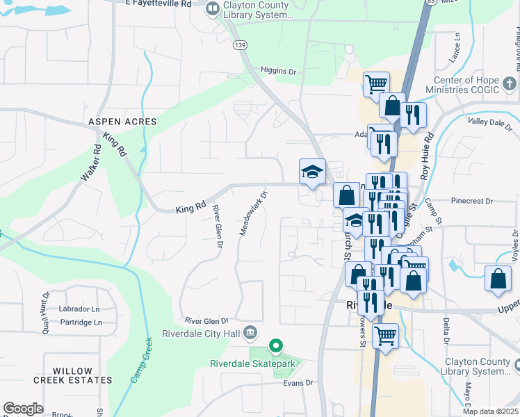 map of restaurants, bars, coffee shops, grocery stores, and more near 6499 Wild Turkey Trail in Riverdale