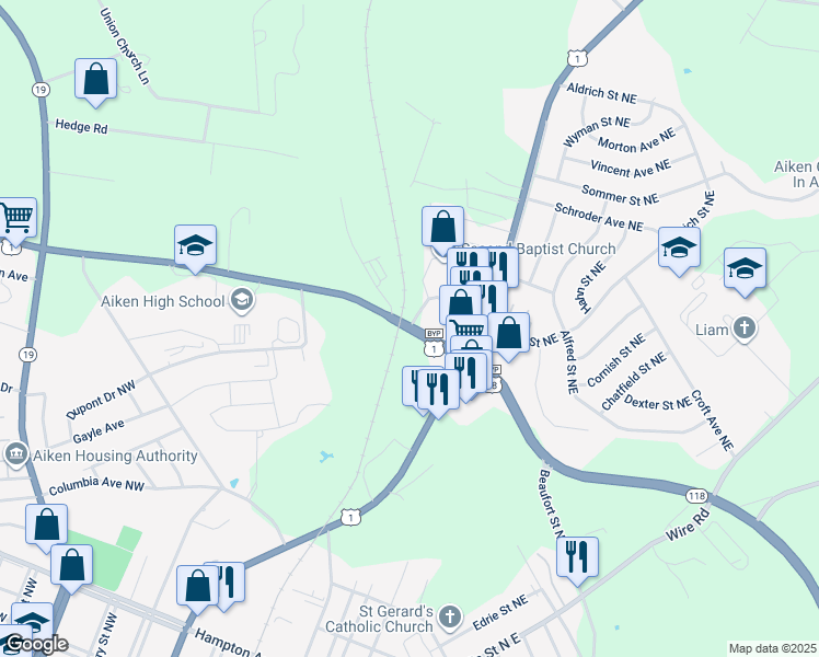 map of restaurants, bars, coffee shops, grocery stores, and more near 353 Rutland Drive in Aiken