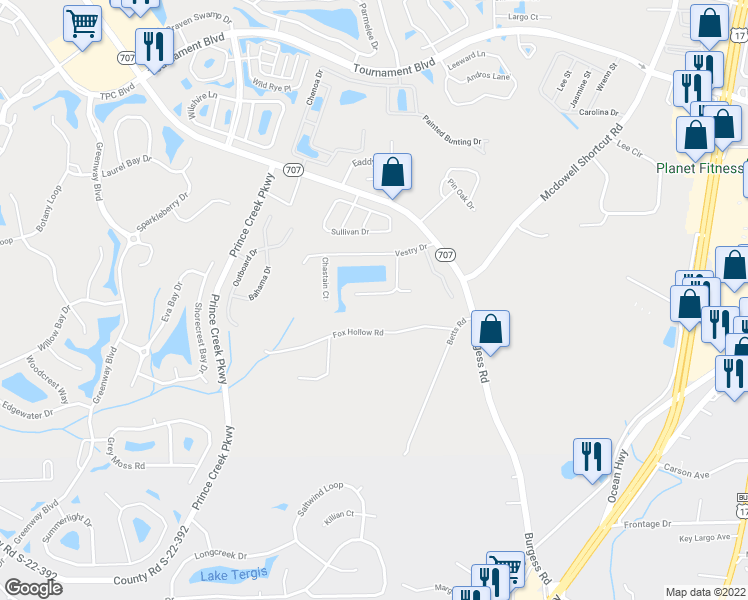 map of restaurants, bars, coffee shops, grocery stores, and more near 1135 Lampwick Lane in Murrells Inlet