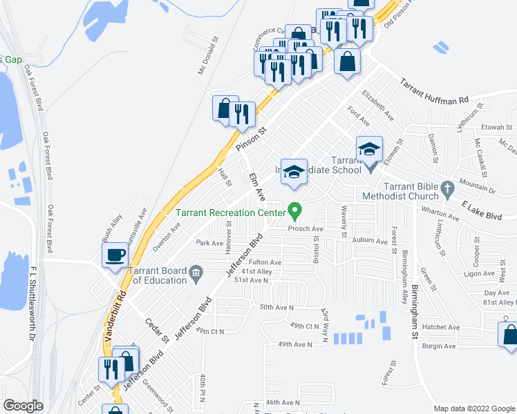 map of restaurants, bars, coffee shops, grocery stores, and more near 1260 Elm Avenue in Birmingham