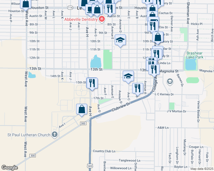 map of restaurants, bars, coffee shops, grocery stores, and more near 1501 Avenue F in Levelland