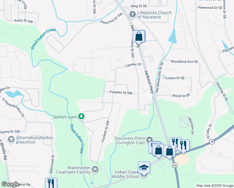 map of restaurants, bars, coffee shops, grocery stores, and more near 8112 Peoples Street Southwest in Covington